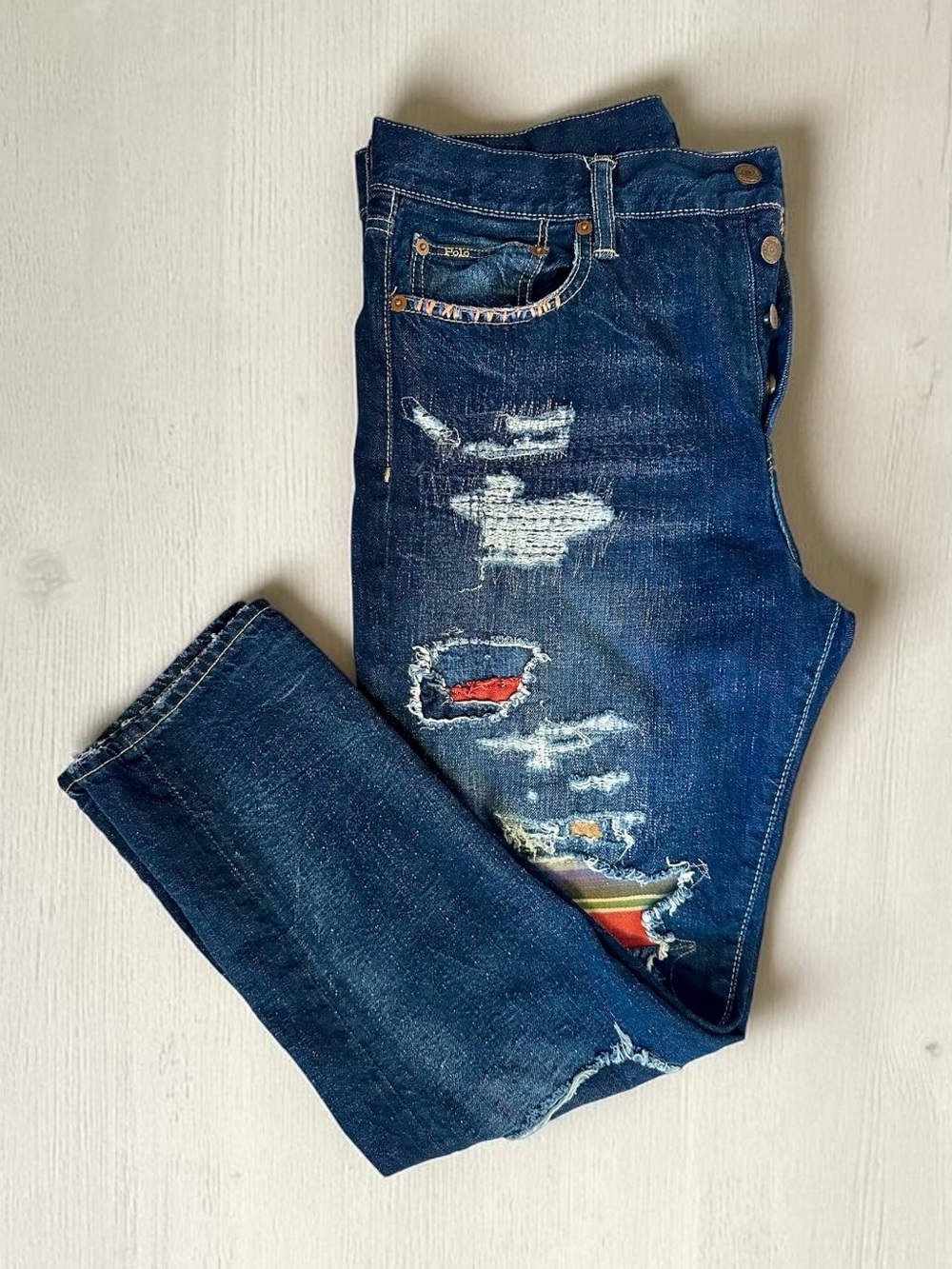 Ralph Lauren Distressed Avery Boyfriend Dark Blue Jeans with Patches Size 30